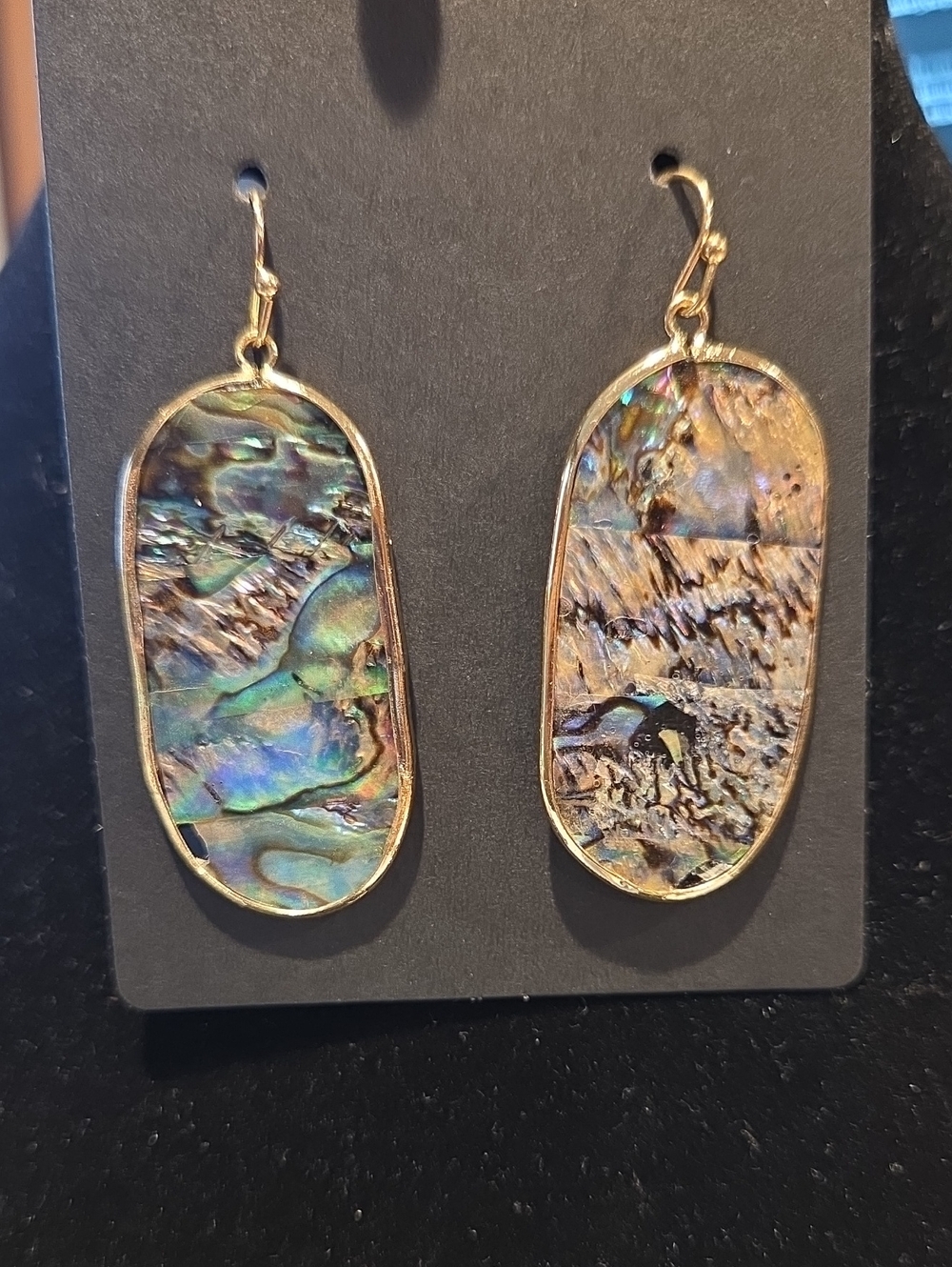 Gold-Trim Abalone Shell Drop Earrings - Iridescent Green/Blue